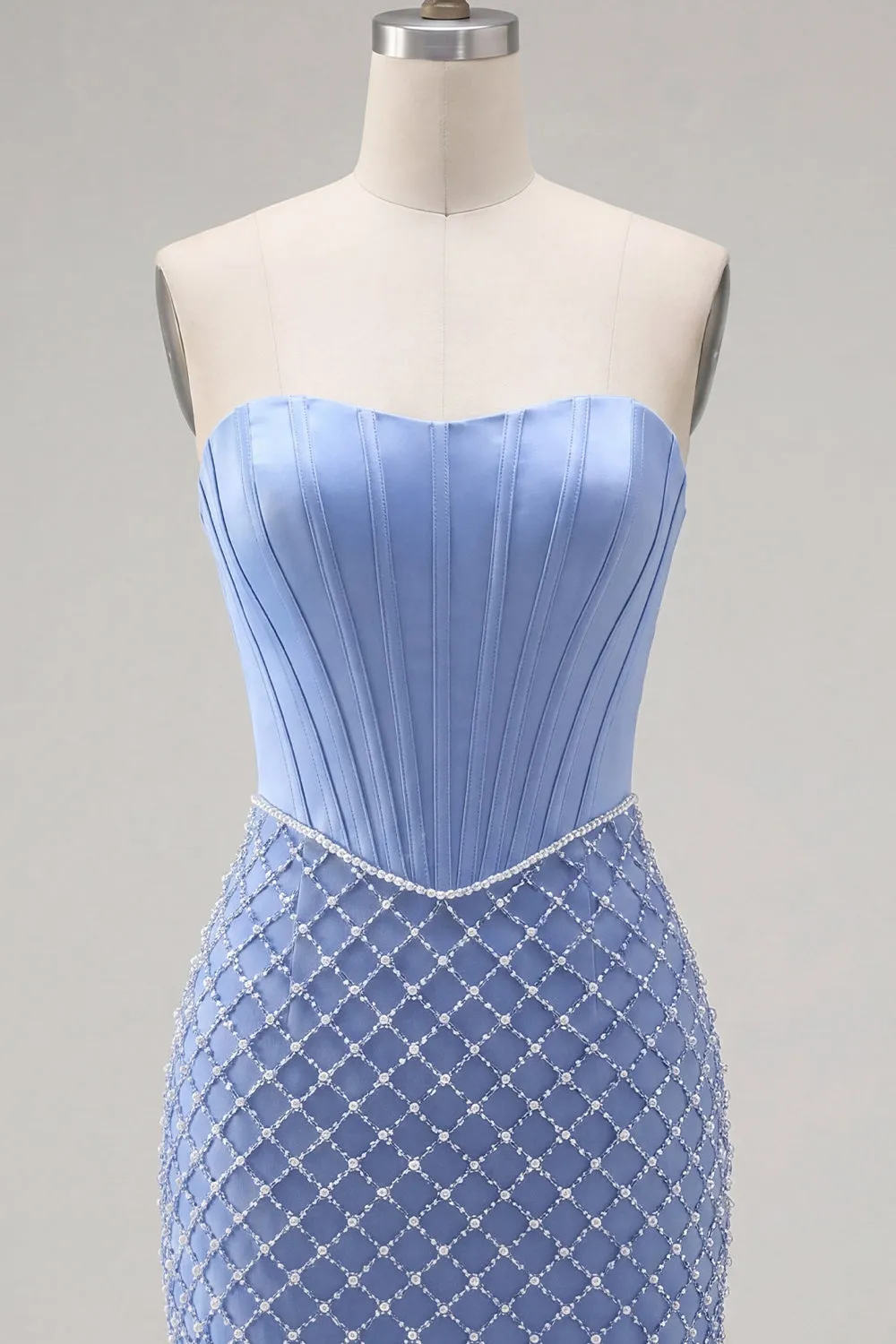 Blue Strapless Satin Bodycon Corset Beaded Homecoming Dress sold by Zapaka product image thumbnail 5