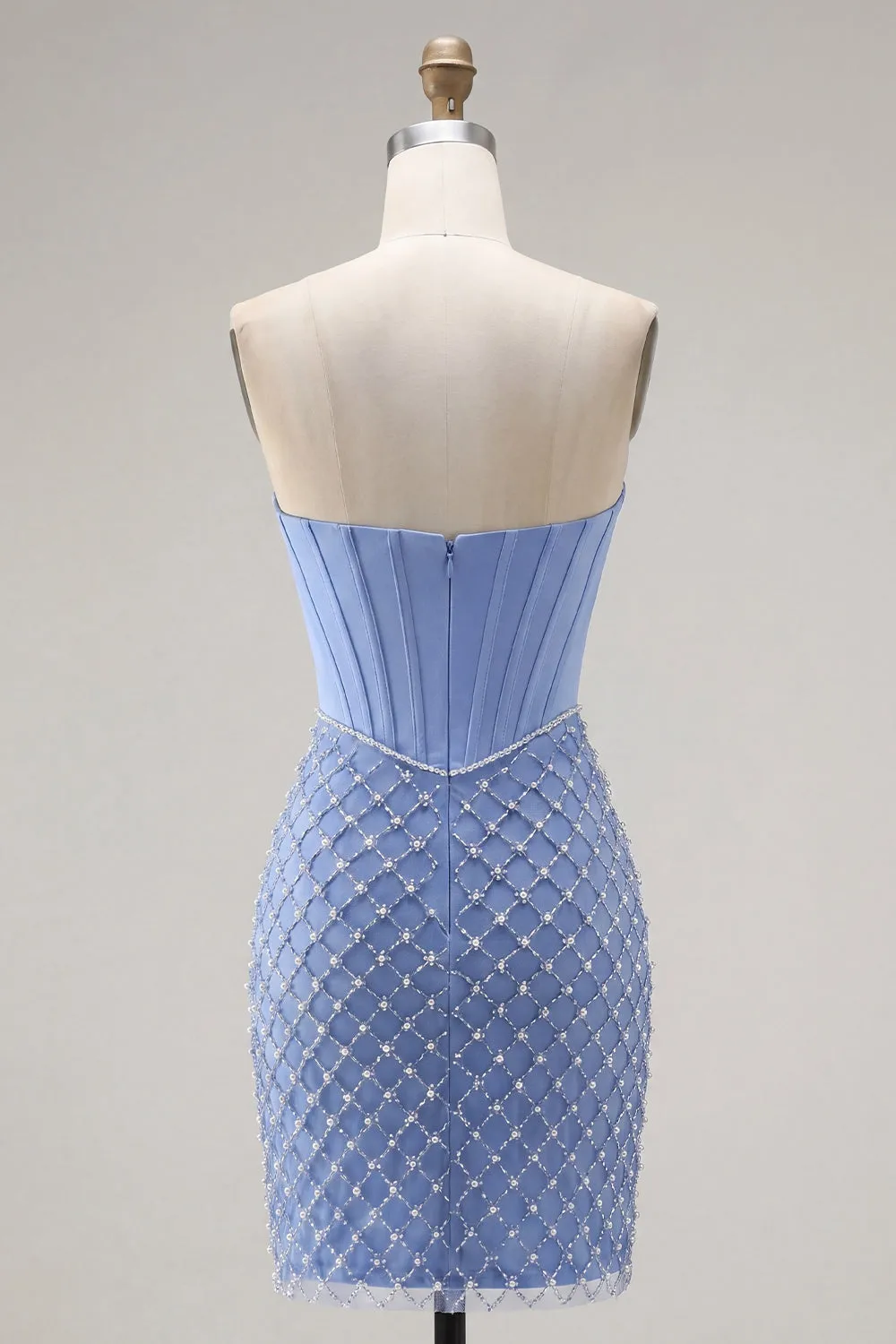 Satin Strapless Blue Corset Bodycon Beaded Homecoming Dress with Slit sold by Zapaka product image thumbnail 2