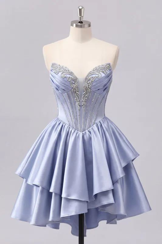Satin A-Line Grey Blue Sweetheart Corset Ruched Cute Homecoming Dress with Beading made by Zapaka