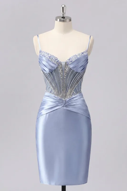 Grey Blue Satin Bodycon Sheer Corset Homecoming Dress with Beading made by Zapaka