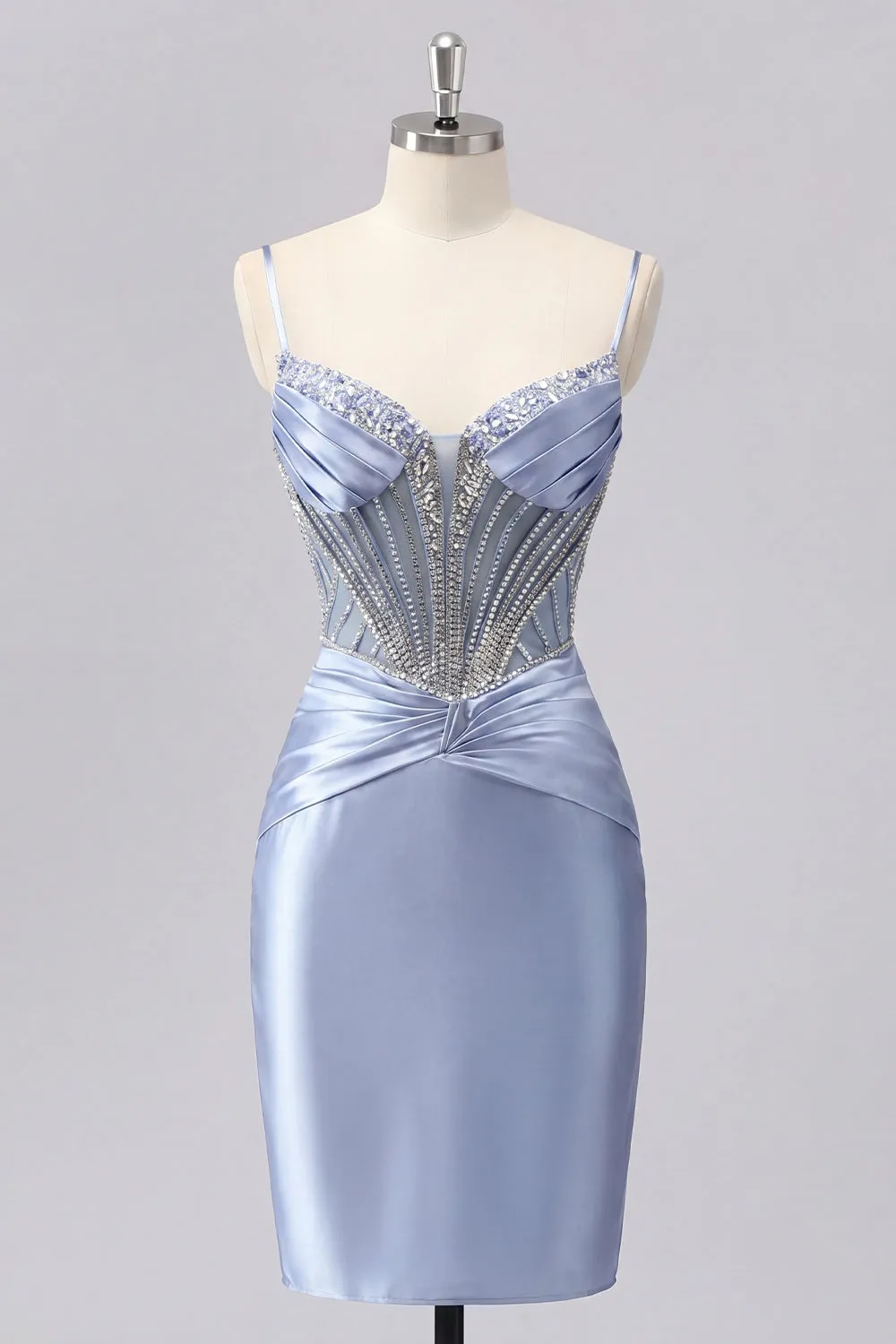 Grey Blue Satin Bodycon Sheer Corset Homecoming Dress with Beading sold by Zapaka