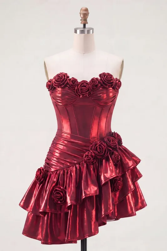 Metallic Burgundy A-Line Off the Shoulder Corset Homecoming Dress with 3D Flowers made by Zapaka