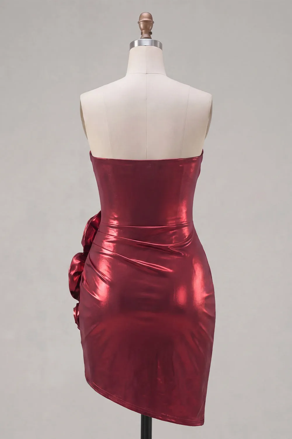 Metallic Burgundy Strapless Bodycon Ruched Homecoming Dress with 3D Flowers sold by Zapaka product image thumbnail 2