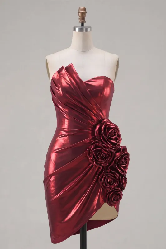 Metallic Burgundy Strapless Bodycon Ruched Homecoming Dress with 3D Flowers made by Zapaka