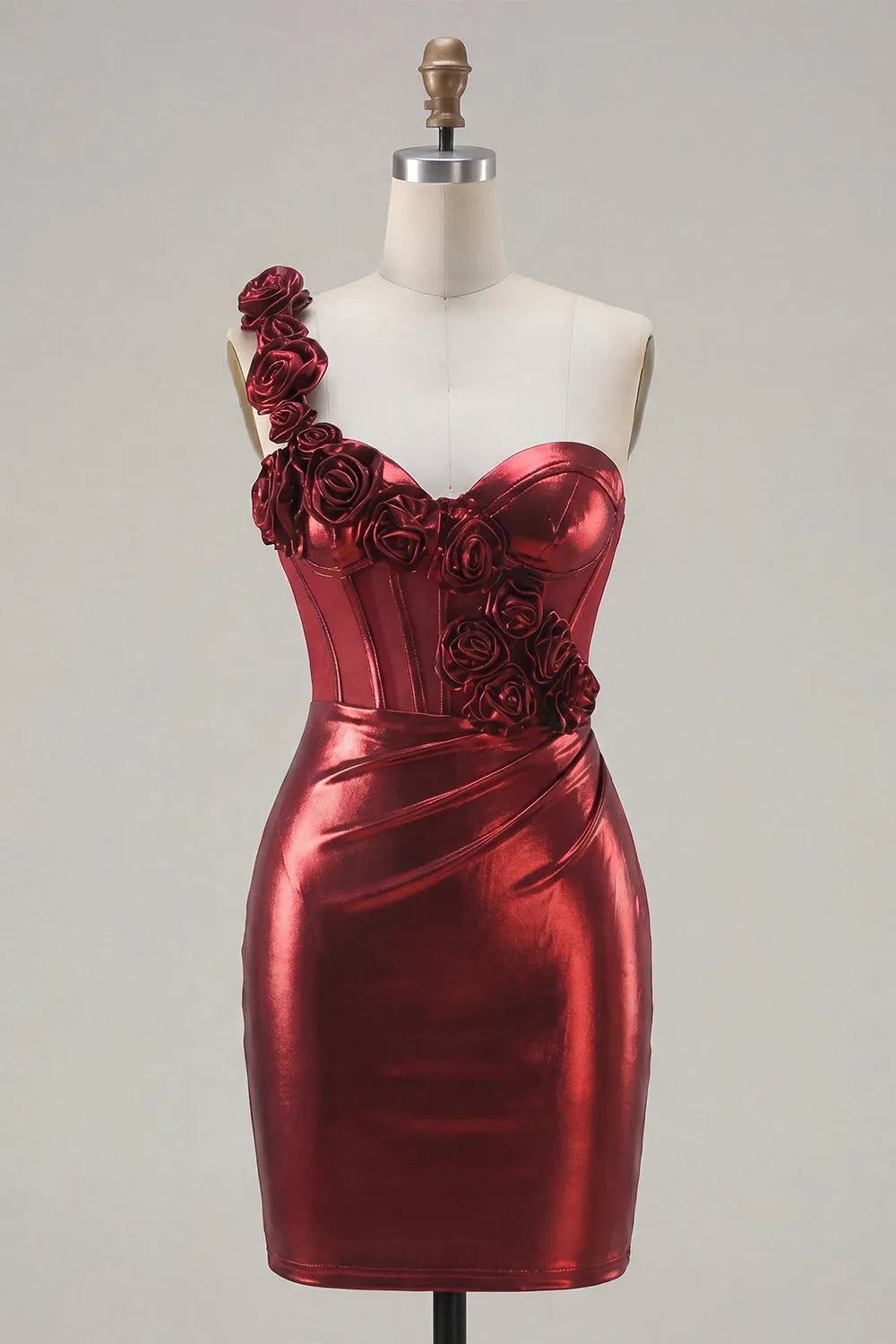 Metallic Burgundy One Shoulder Floral Corset Bodycon Ruched Homecoming Dress sold by Zapaka