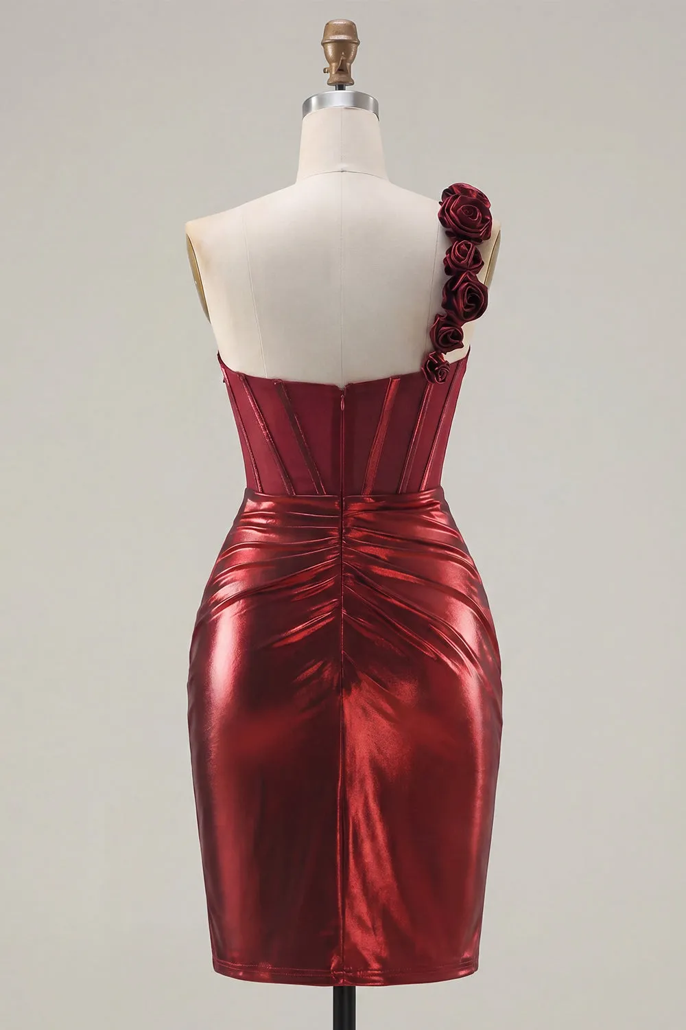 Metallic Burgundy One Shoulder Floral Corset Bodycon Ruched Homecoming Dress sold by Zapaka product image thumbnail 2