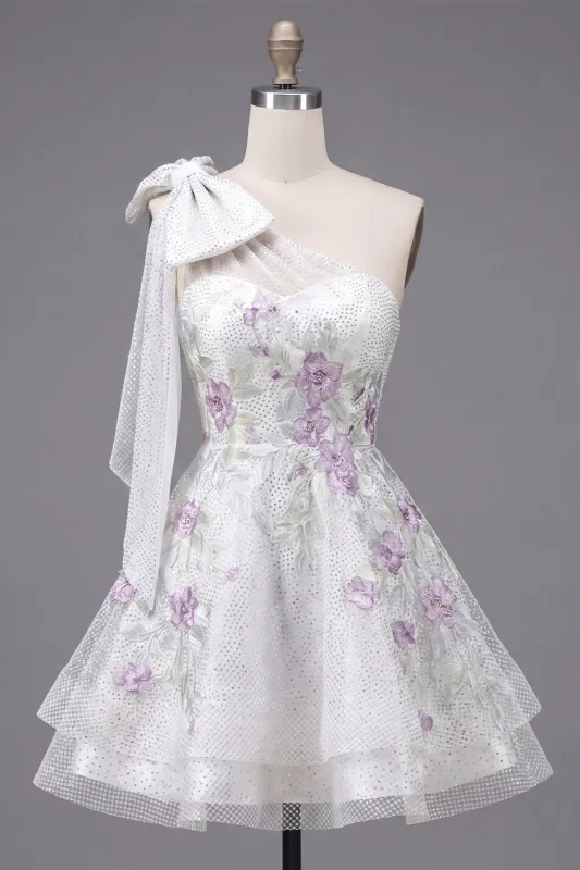One Shoulder A-Line White Floral Beaded Homecoming Dress with Bow made by Zapaka