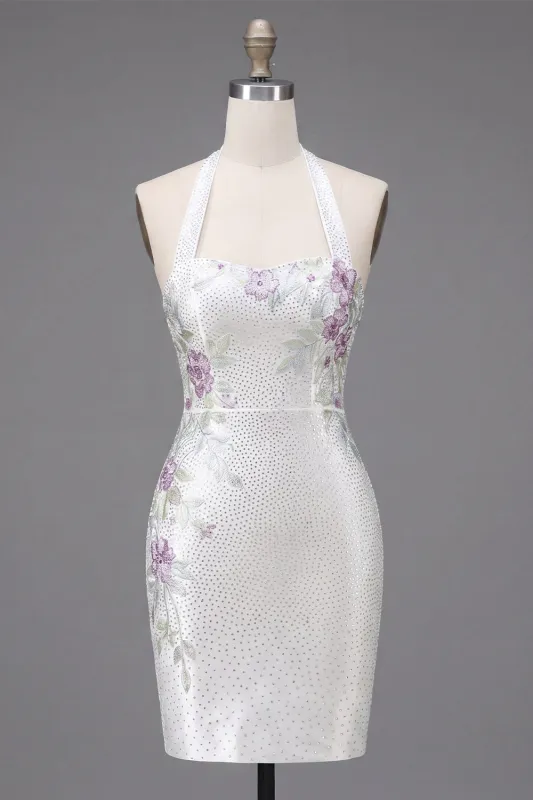 White Halter Neck Bodycon Floral Homecoming Dress with Beading made by Zapaka