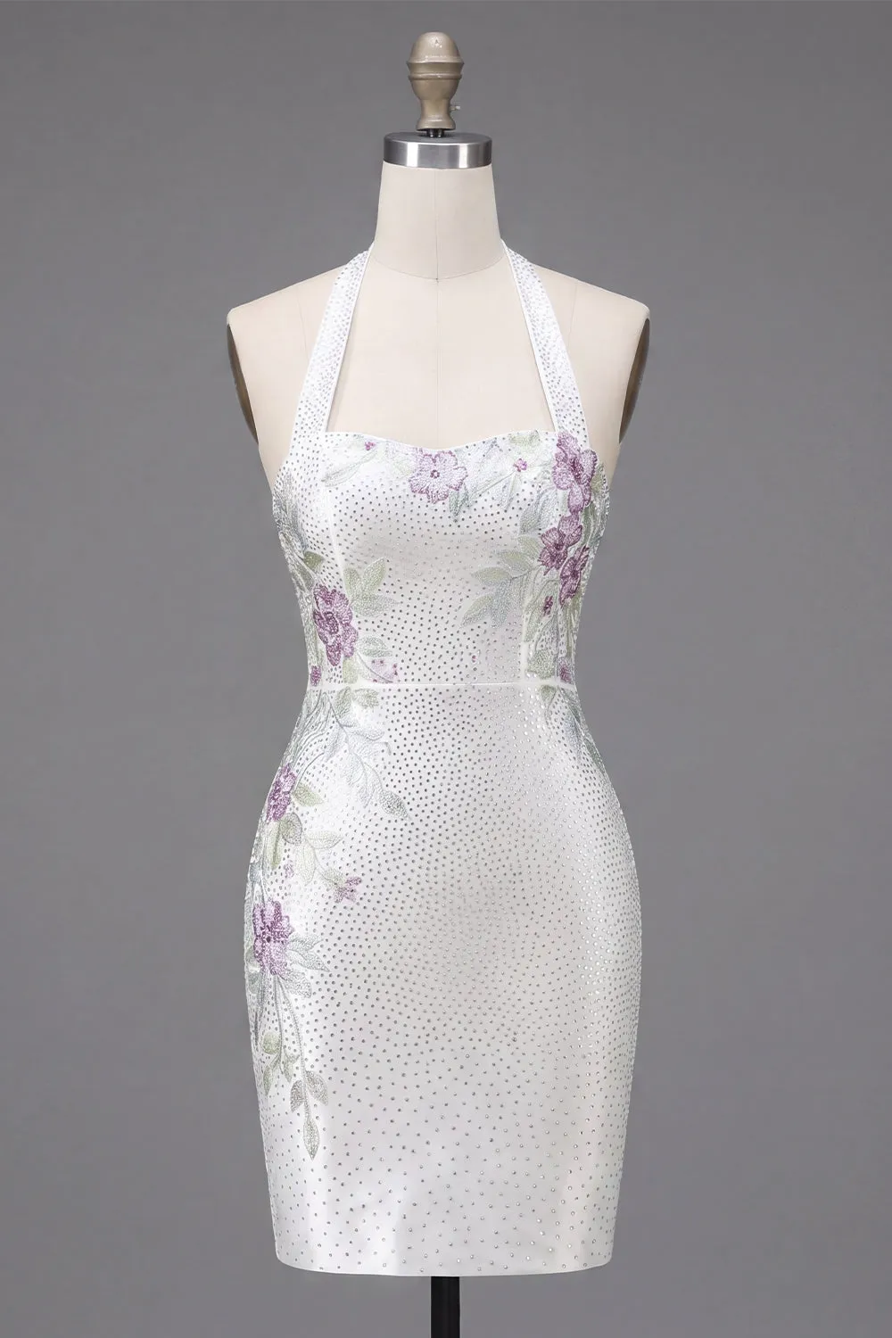 White Halter Neck Bodycon Floral Homecoming Dress with Beading sold by Zapaka