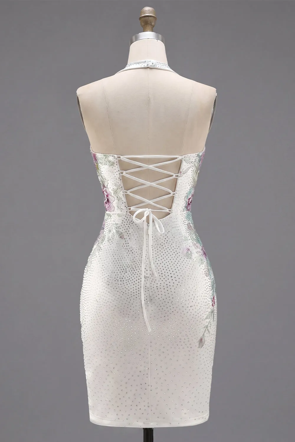 White Halter Neck Bodycon Floral Homecoming Dress with Beading sold by Zapaka product image thumbnail 2