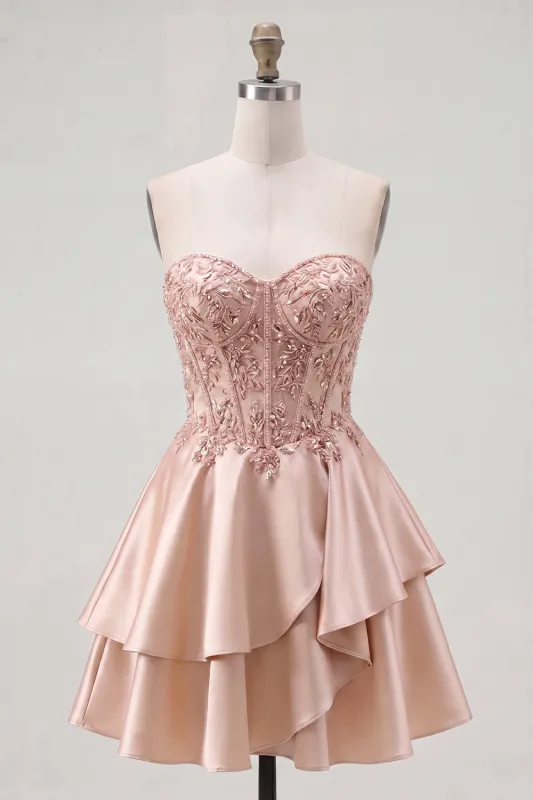 A-Line Champagne Sweetheart Sheer Corset Ruffled Homecoming Dress with Beading made by Zapaka