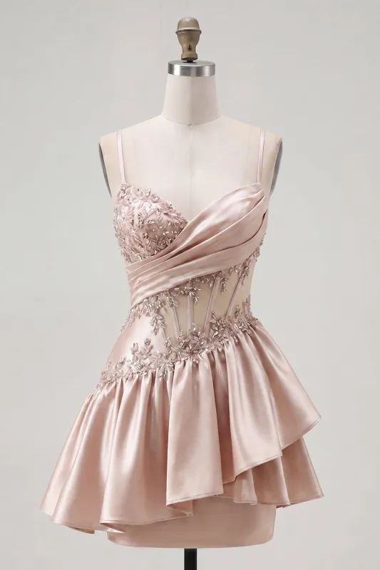 Champagne A-Line Corset Ruched Homecoming Dress with Beading made by Zapaka