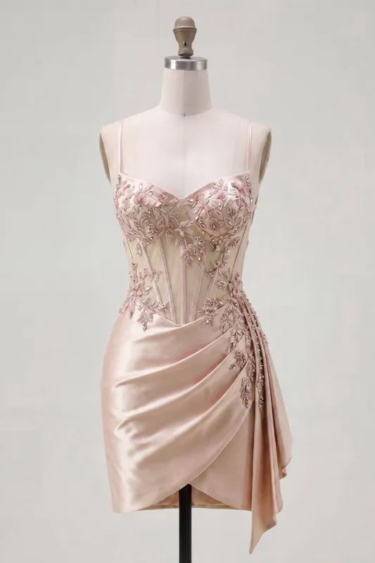 Champagne Bodycon Corset Ruched Beaded Homecoming Dress with Sash made by Zapaka
