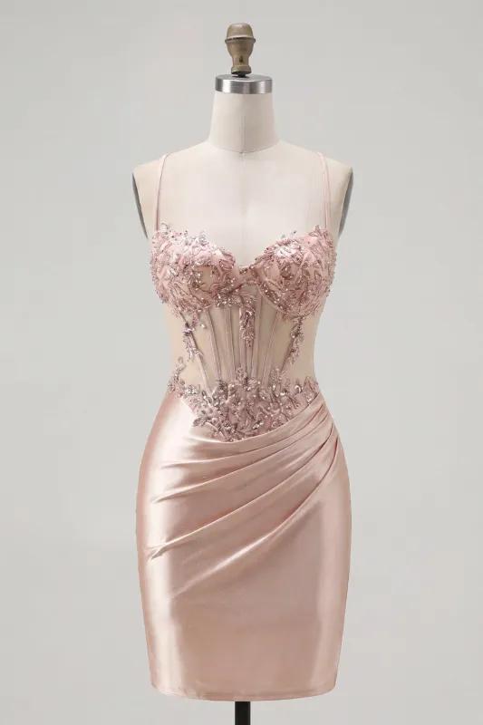 Champagne Bodycon Corset Ruched Beaded Homecoming Dress made by Zapaka