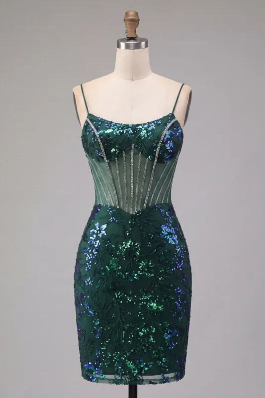 Sparkly Dark Green Floral Corset Bodycon Sequins Short Homecoming Dress made by Zapaka