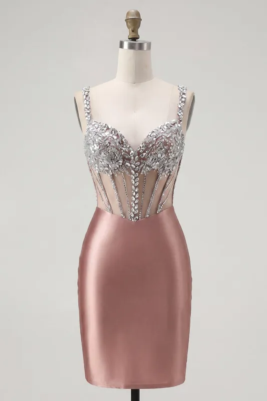 Blush Satin Bodycon Sheer Corset Mini Homecoming Dress with Rhinestones made by Zapaka