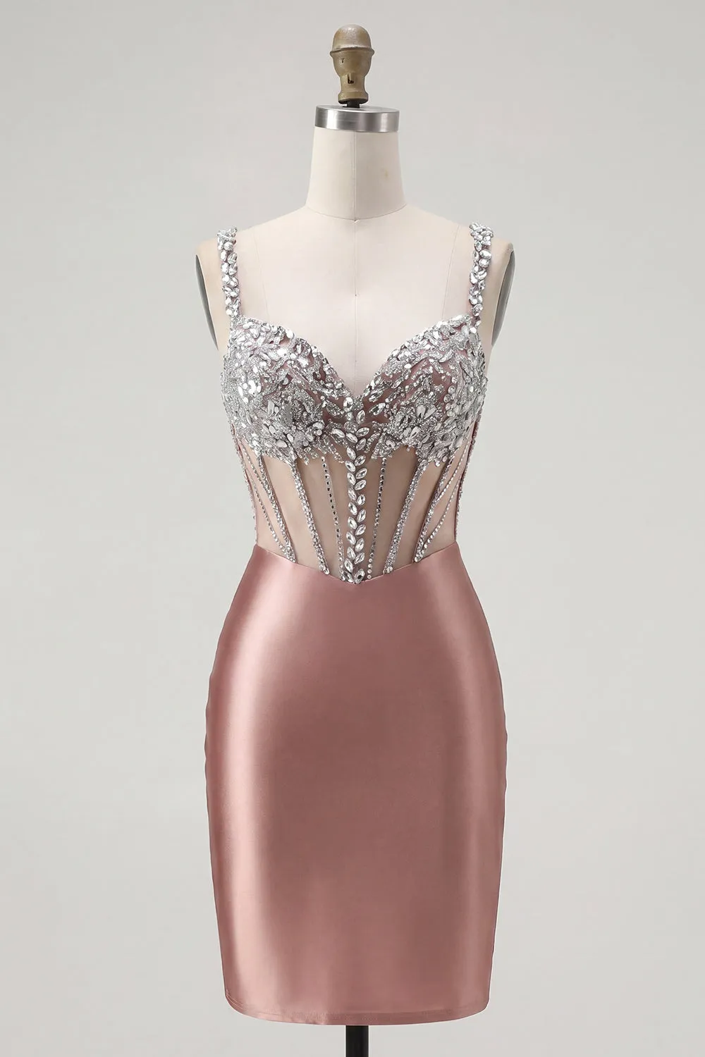 Blush Satin Bodycon Sheer Corset Mini Homecoming Dress with Rhinestones sold by Zapaka