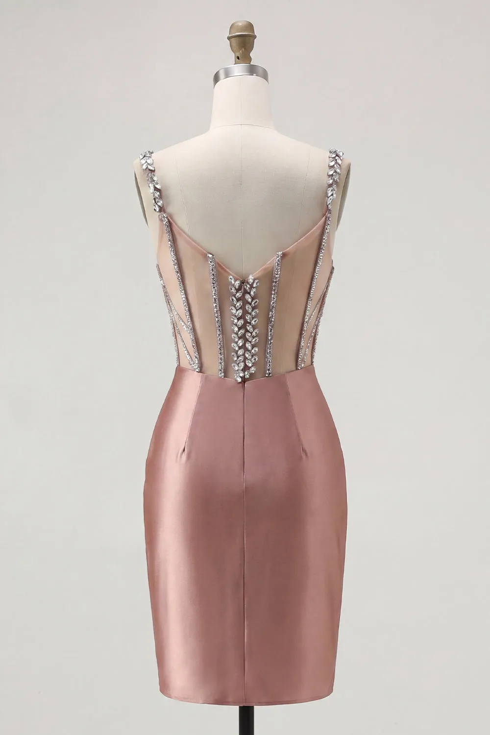 Blush Satin Bodycon Sheer Corset Mini Homecoming Dress with Rhinestones sold by Zapaka product image thumbnail 2