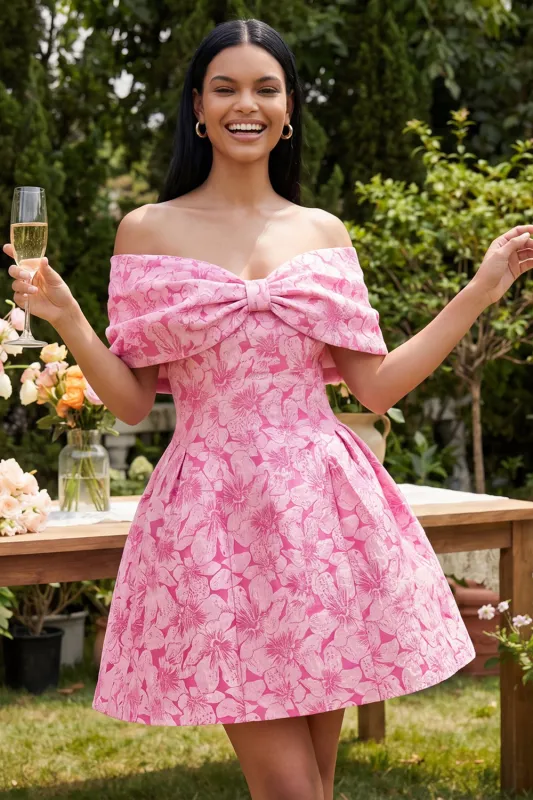 A-Line Fuchsia Jacquard Off the Shoulder Mini Homecoming Dress With Bow made by Zapaka
