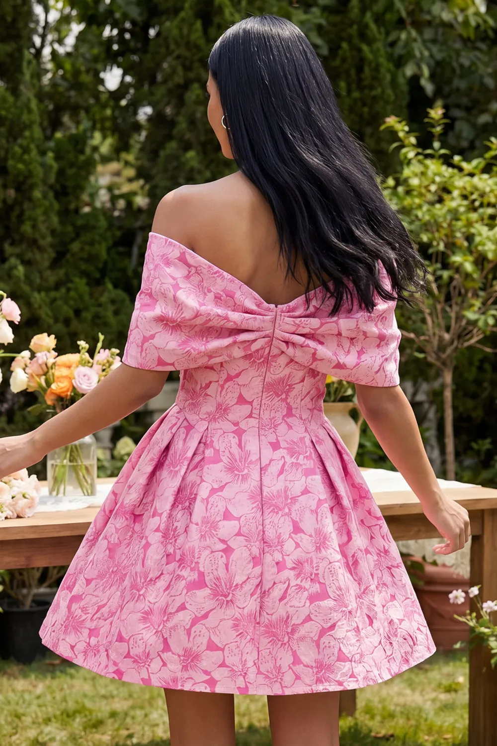 A-Line Fuchsia Jacquard Off the Shoulder Mini Homecoming Dress With Bow sold by Zapaka product image thumbnail 2