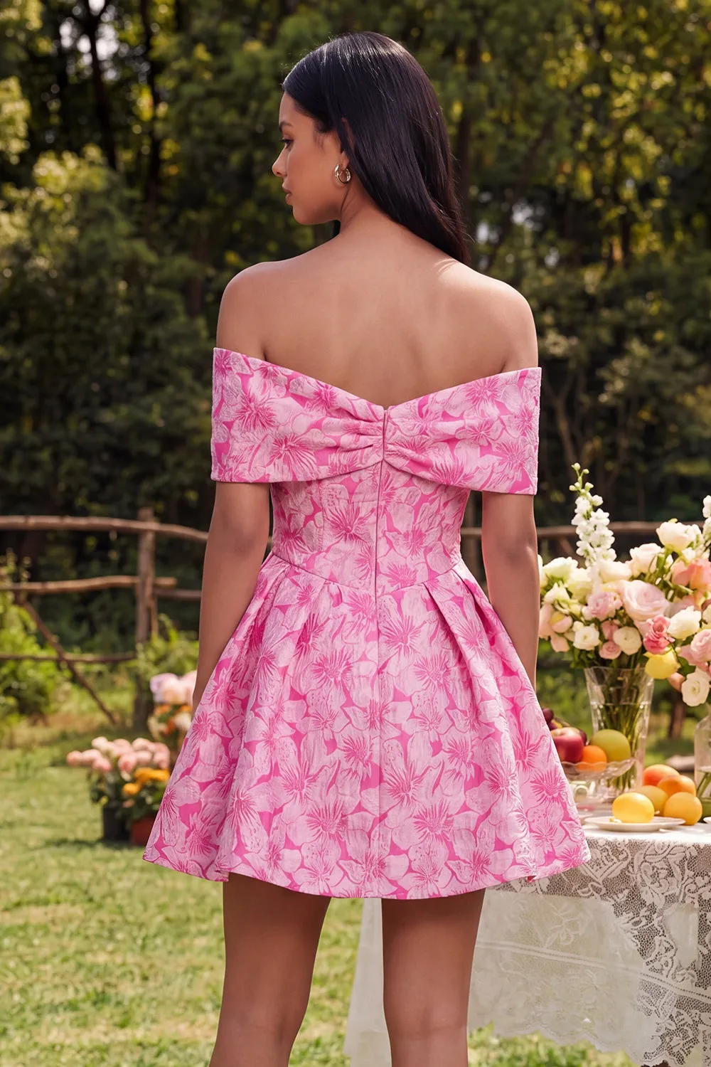 Off the Shoulder A-Line Fuchsia Jacquard Mini Homecoming Dress With Bow sold by Zapaka product image thumbnail 2