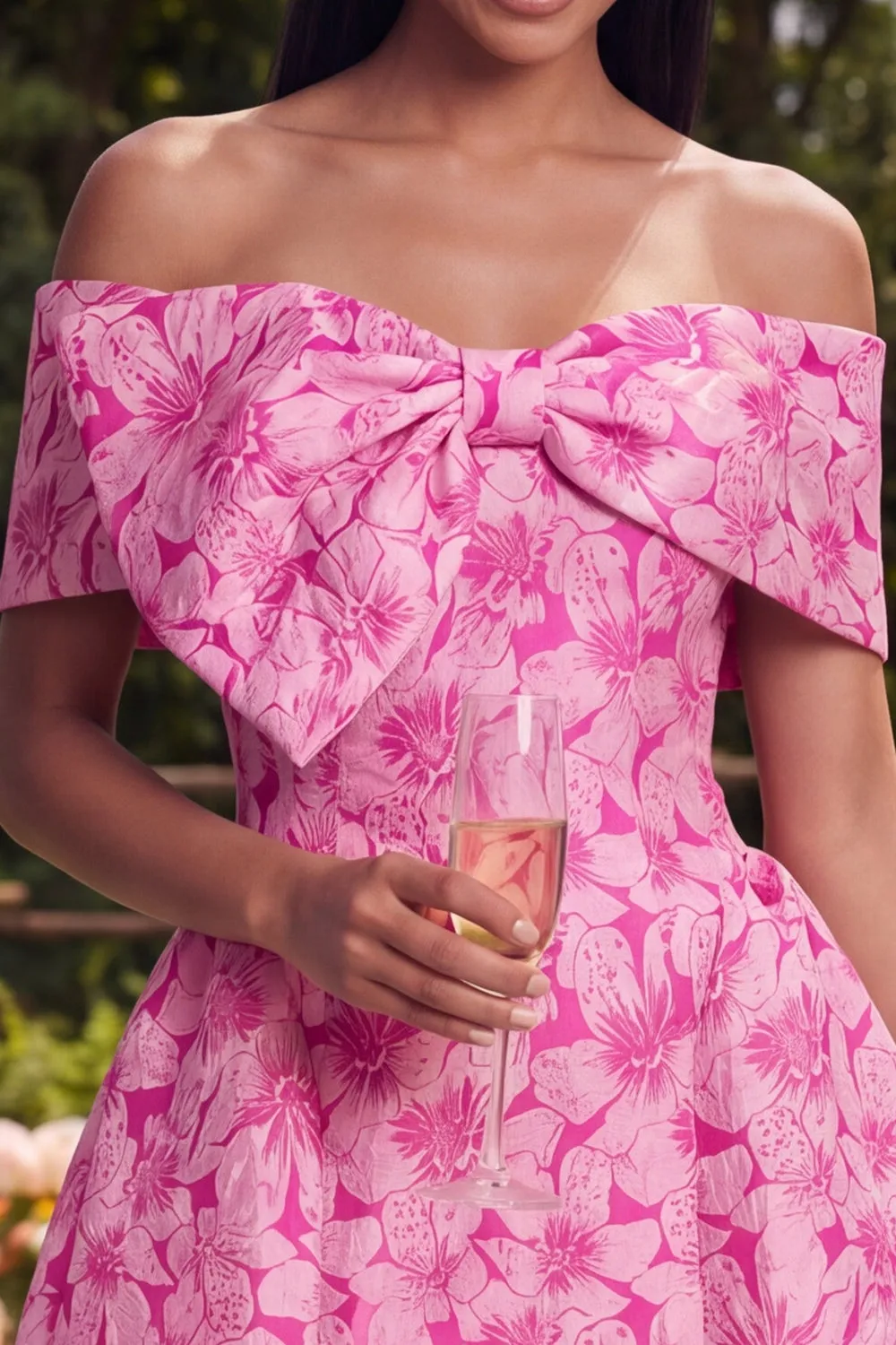 Off the Shoulder A-Line Fuchsia Jacquard Mini Homecoming Dress With Bow sold by Zapaka product image thumbnail 3