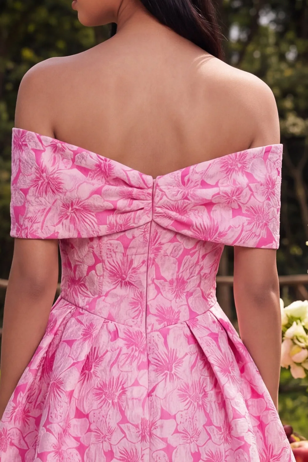 Off the Shoulder A-Line Fuchsia Jacquard Mini Homecoming Dress With Bow sold by Zapaka product image thumbnail 4