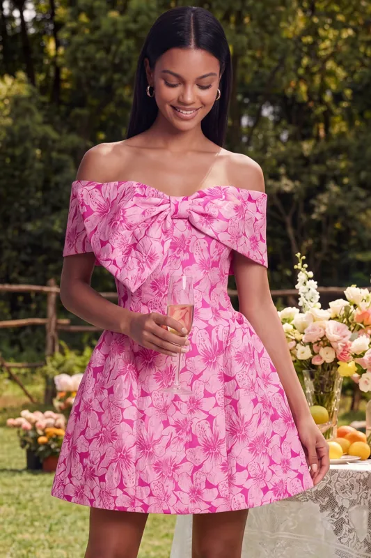 Off the Shoulder A-Line Fuchsia Jacquard Mini Homecoming Dress With Bow made by Zapaka