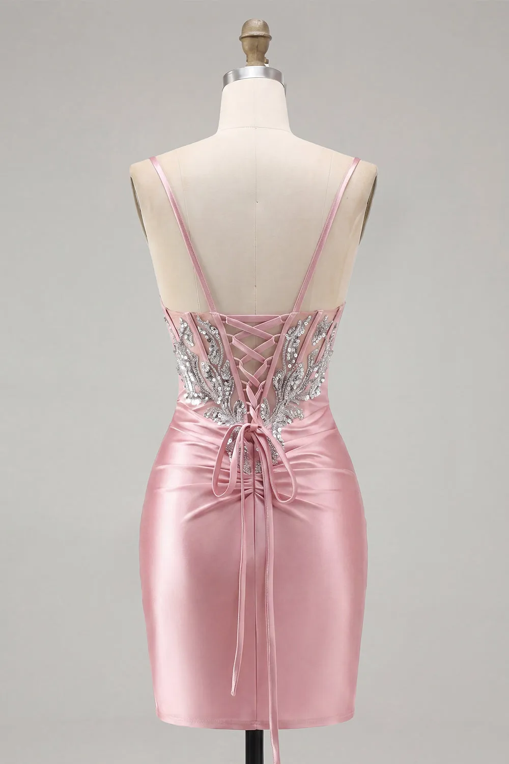 Satin Blush Bodycon Corset Ruched Homecoming Dress with Rhinestones sold by Zapaka product image thumbnail 2