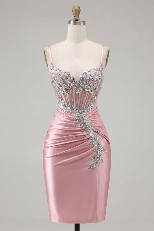 Satin Blush Bodycon Corset Ruched Homecoming Dress with Rhinestones made by Zapaka