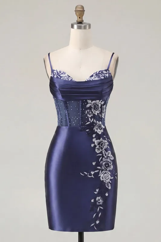 Navy Corset Satin Bodycon Embroidered Homecoming Dress made by Zapaka