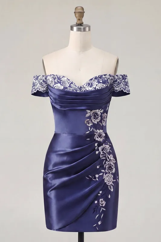 Off the Shoulder Navy Embroidered Satin Ruched Bodycon Homecoming Dress made by Zapaka