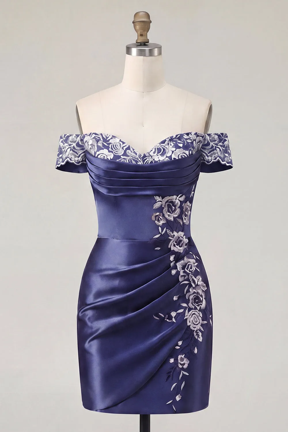 Off the Shoulder Navy Embroidered Satin Ruched Bodycon Homecoming Dress sold by Zapaka