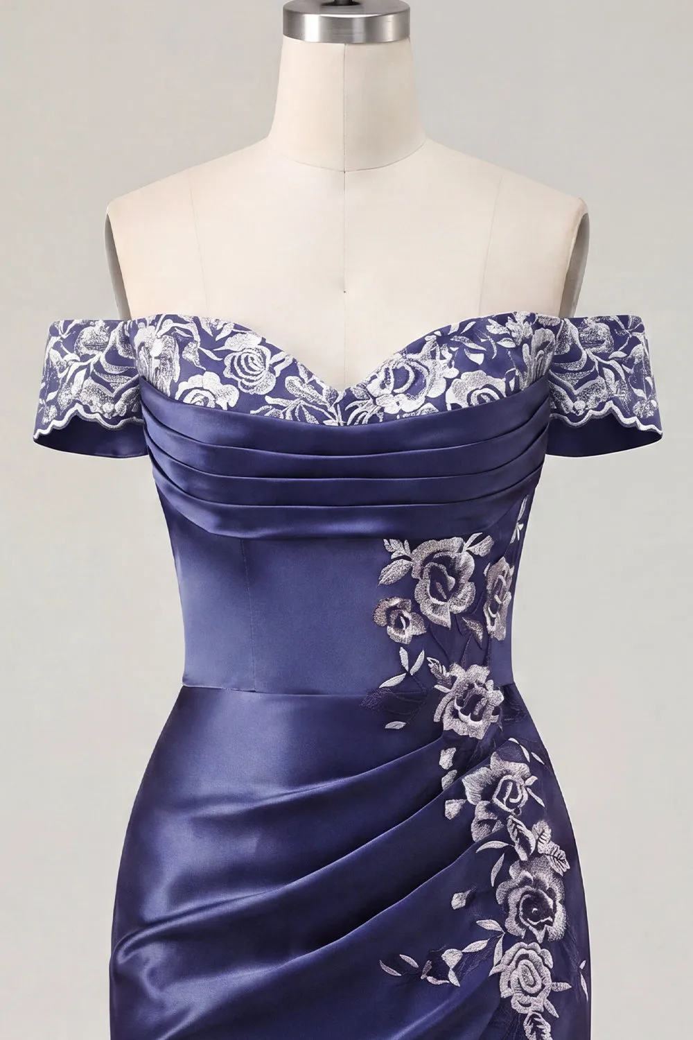 Off the Shoulder Navy Embroidered Satin Ruched Bodycon Homecoming Dress sold by Zapaka product image thumbnail 5