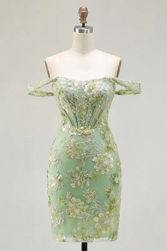 Green Off the Shoulder Bodycon Floral Sheer Corset Homecoming Dress made by Zapaka