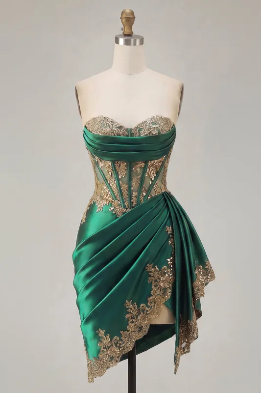 Dark Green Satin Sweetheart Ruched Sequins Sheer Corset Homecoming Dress with Sash made by Zapaka
