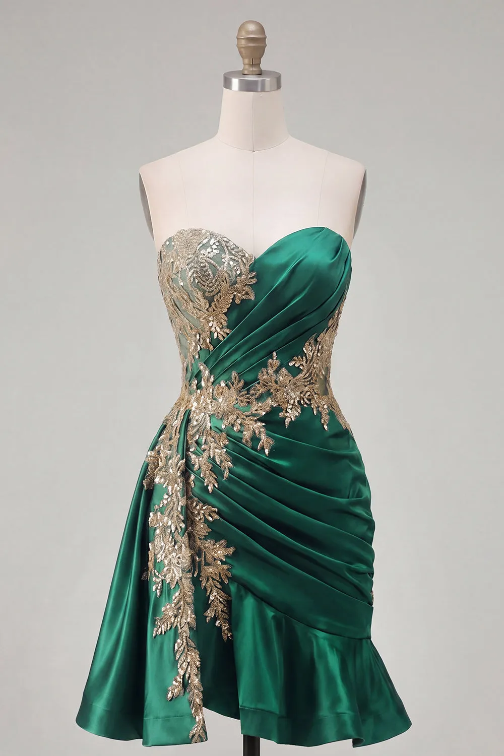 Dark Green Satin Bodycon Sweetheart Ruched Sequins Homecoming Dress with Sash sold by Zapaka