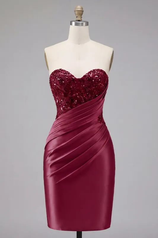 Satin Burgundy Sweetheart Ruched Bodycon Mini Homecoming Dress with Sequins made by Zapaka