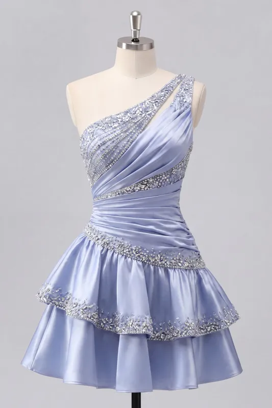 Grey Blue Satin A-Line One Shoulder Ruched Homecoming Dress with Beading made by Zapaka