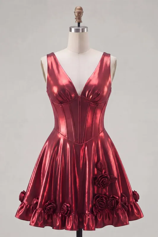 Metallic Burgundy A-Line V-Neck Corset Homecoming Dress with 3D Flowers made by Zapaka