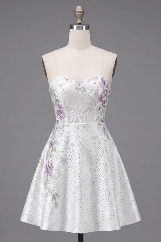 A-Line Sweetheart White Floral Homecoming Dress with Beading made by Zapaka