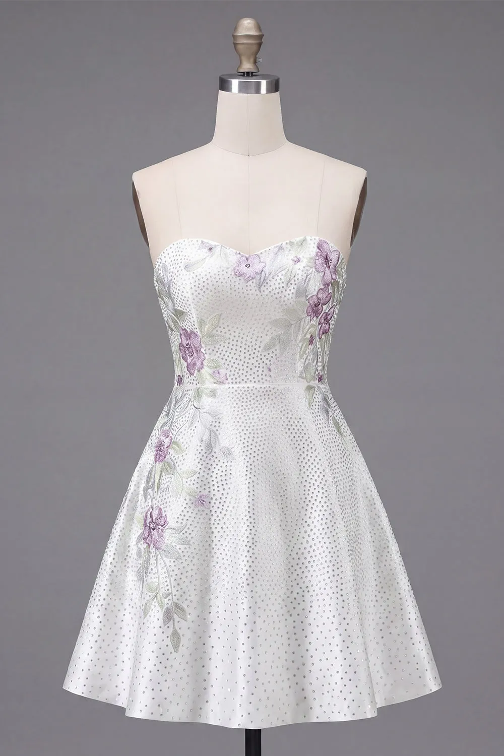 A-Line Sweetheart White Floral Homecoming Dress with Beading sold by Zapaka