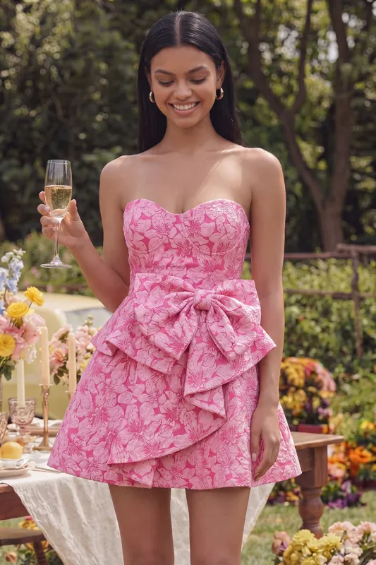 A-Line Fuchsia Sweetheart Jacquard Ruffled Mini Homecoming Dress With Bow made by Zapaka
