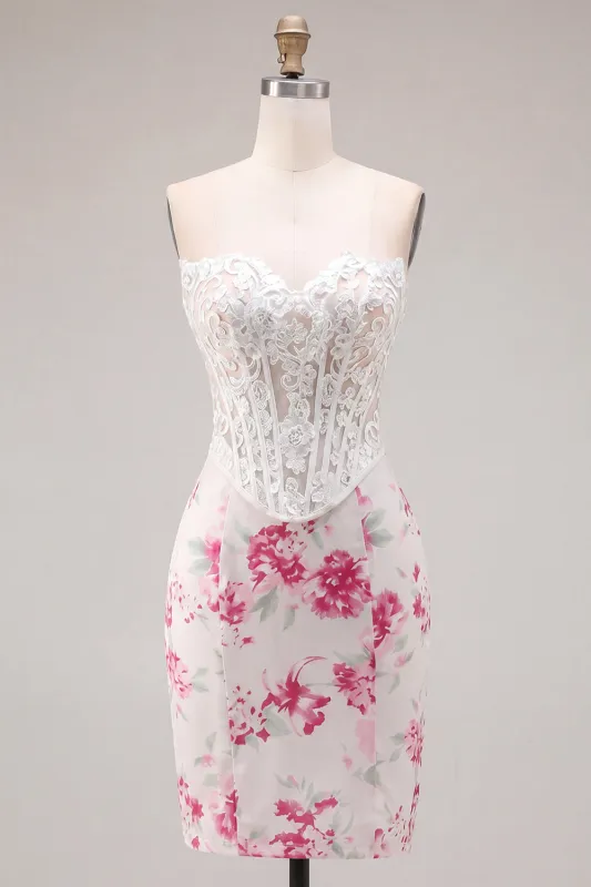 White Fuchsia Flower Sweetheart Bodycon Sheer Corset Homecoming Dress made by Zapaka