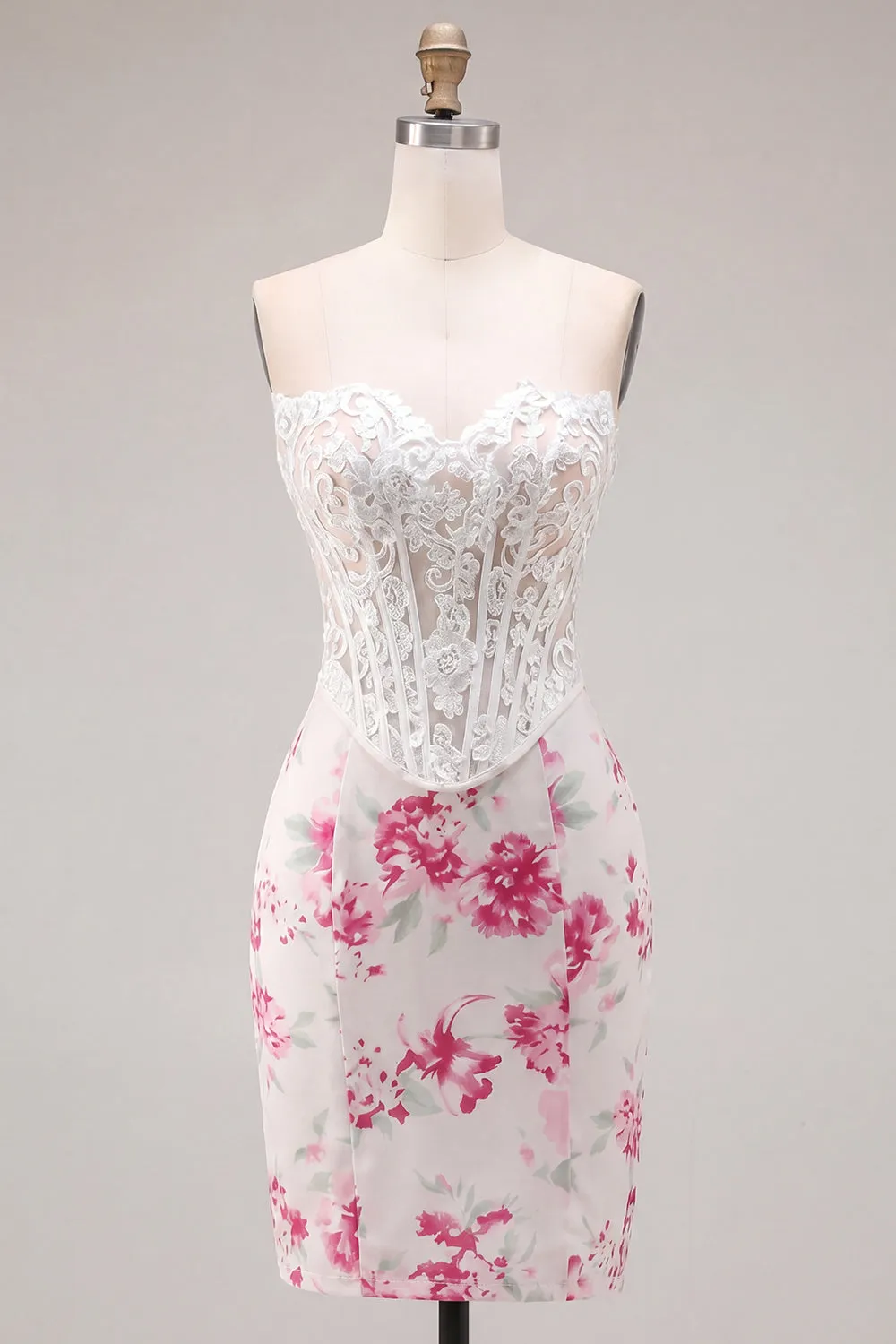 White Fuchsia Flower Sweetheart Bodycon Sheer Corset Homecoming Dress sold by Zapaka