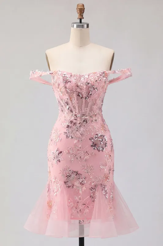 Blush Off the Shoulder Bodycon Floral Sheer Corset Sequins Homecoming Dress with Ruffles made by Zapaka