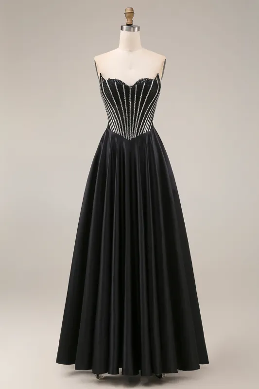Satin A-Line Black Sweetheart Corset Long Prom Dress made by Zapaka