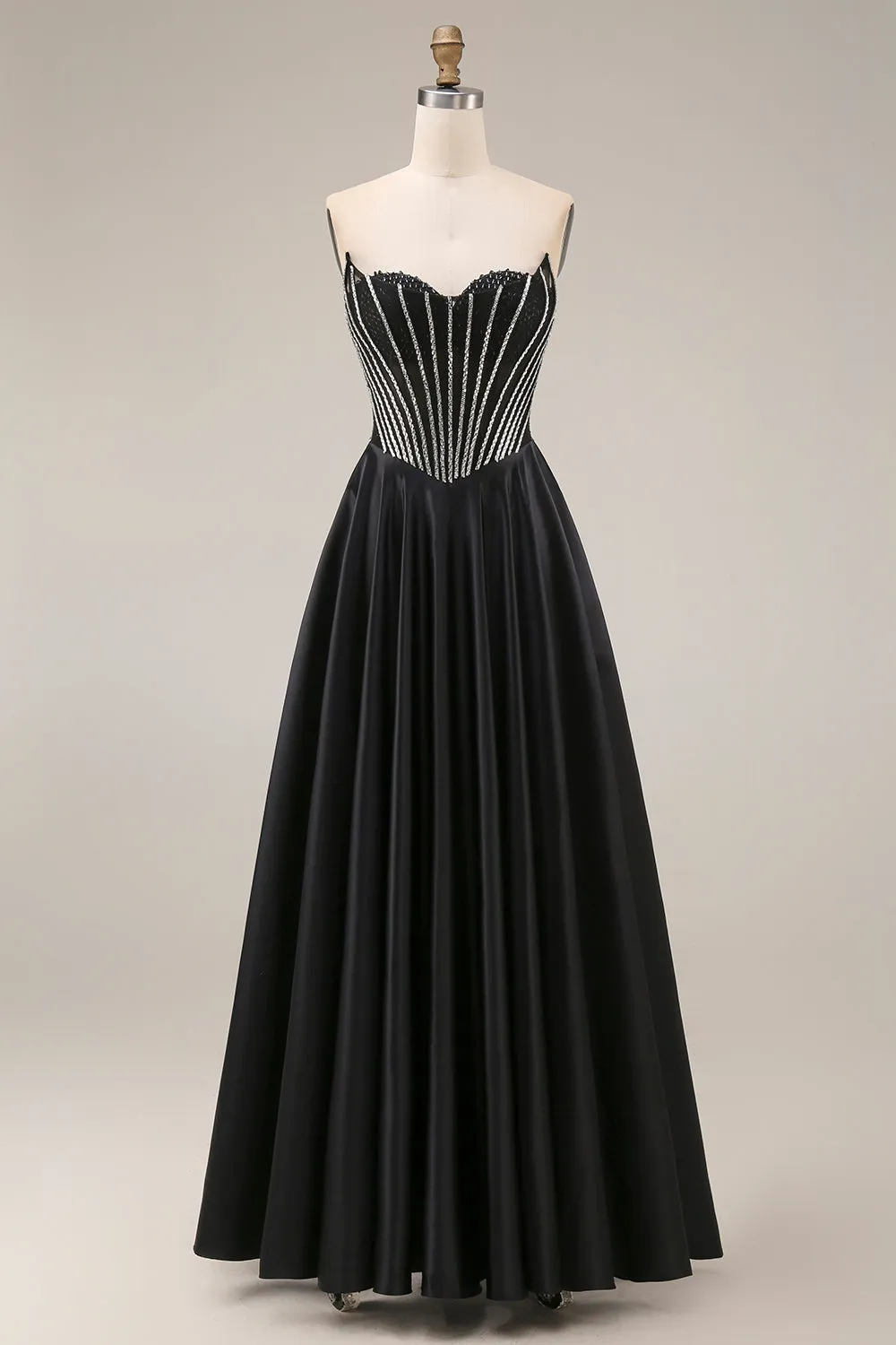 Satin A-Line Black Sweetheart Corset Long Prom Dress sold by Zapaka