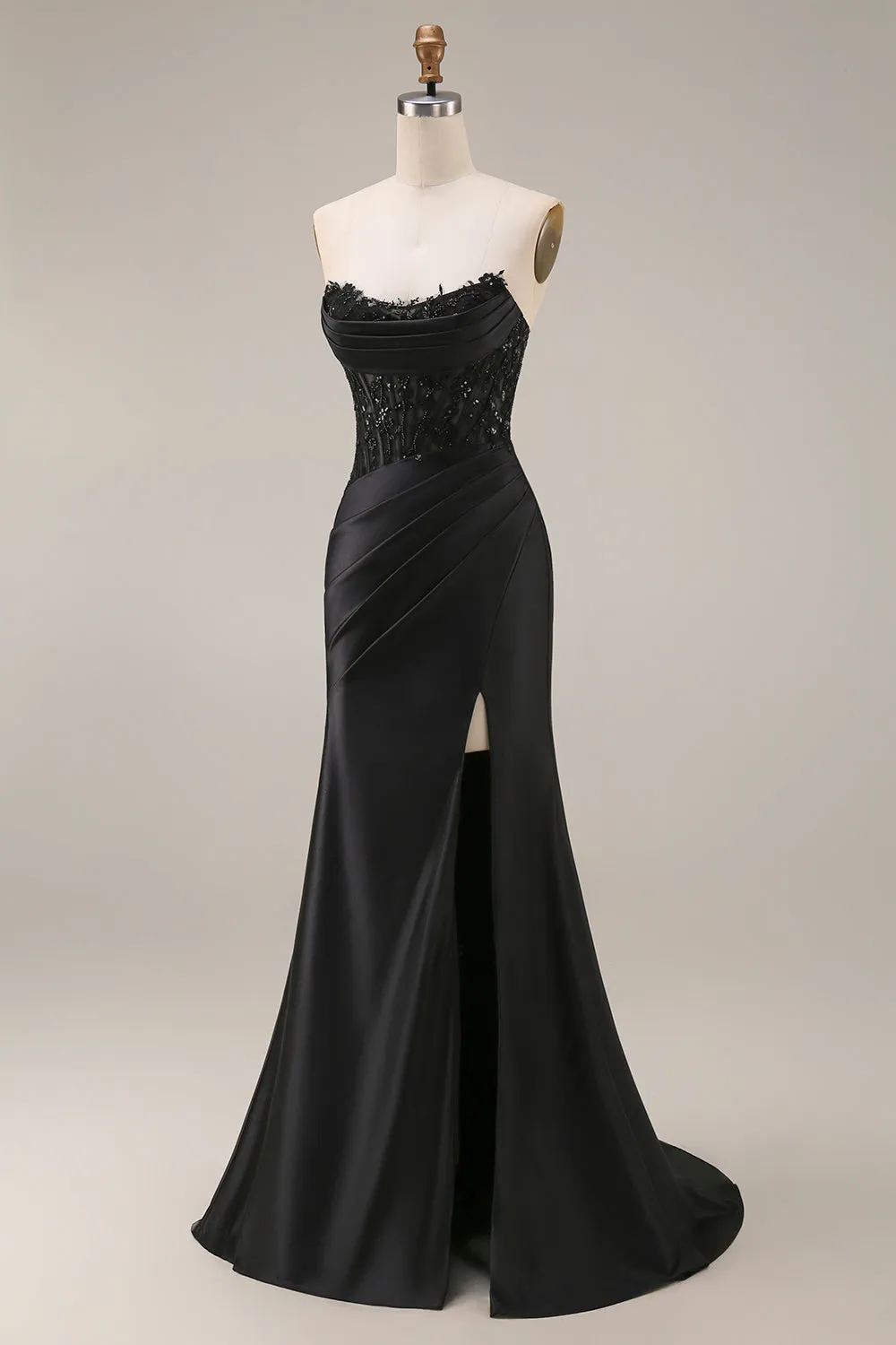 Satin Mermaid Black Sweetheart Sheer Corset Ruched Beaded Long Prom Dress with Slit sold by Zapaka product image thumbnail 3