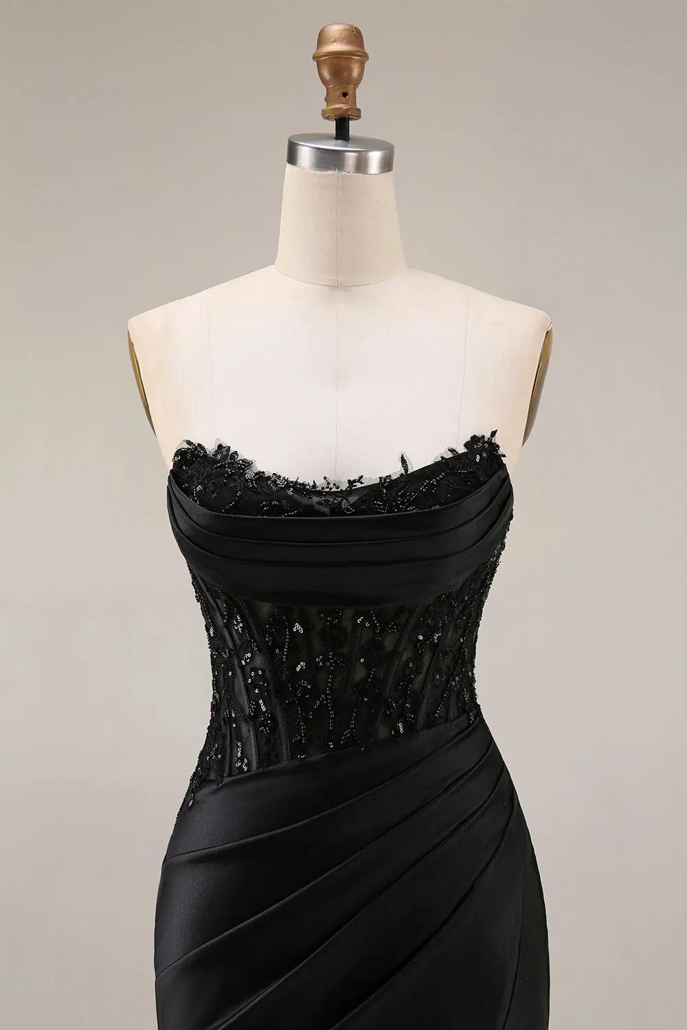 Satin Mermaid Black Sweetheart Sheer Corset Ruched Beaded Long Prom Dress with Slit sold by Zapaka product image thumbnail 4